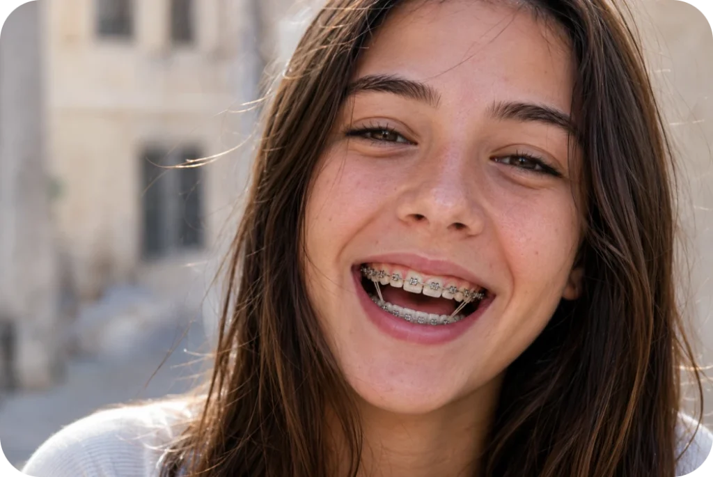Adolescente souriante portant un appareil dentaire avec élastiques intermaxillaires