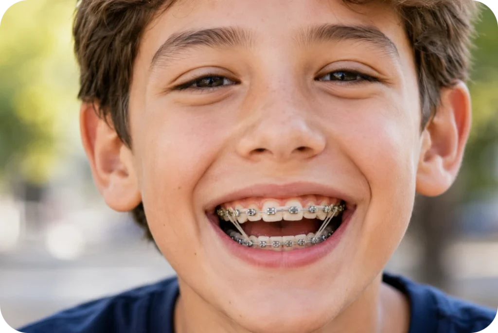 Endant souriant portant un appareil orthodontique avec élastiques intermaxillaires