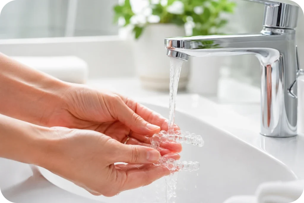 Rinçage d’une gouttière orthodontique transparente sous l’eau